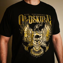 Load image into Gallery viewer, This shirt comes in yellow gold, black or white. It has a eagle emblem with a shield in the center containing a skull with lightning through it. The brand name Oldskull Shirts is written above it in bold print. This is a streetwear vintage style of shirt made of the coolest design by Oldskull Store USA the best in North America.