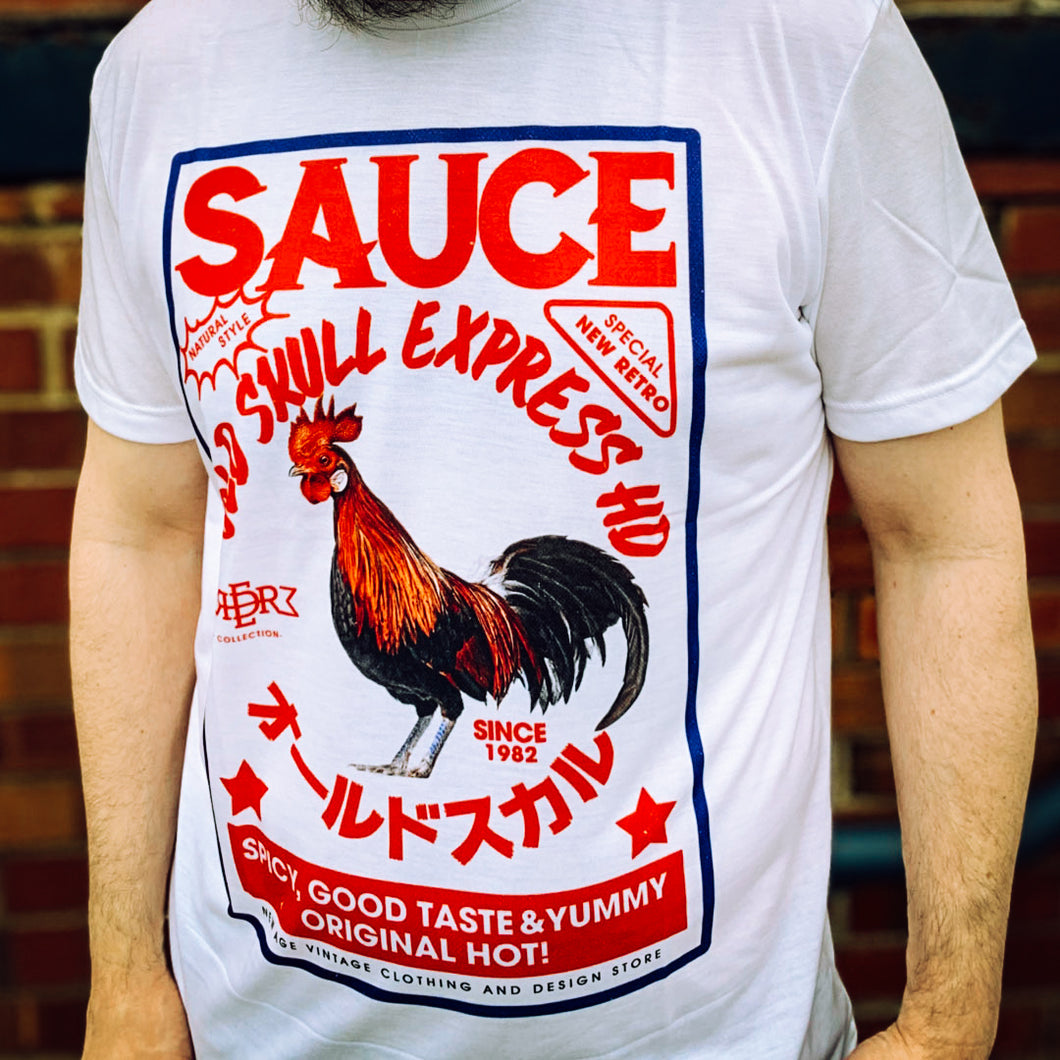 Hot Sauce shirt with Siracha label and Japanese lettering by Oldskull Store USA the best shirt store in North America.